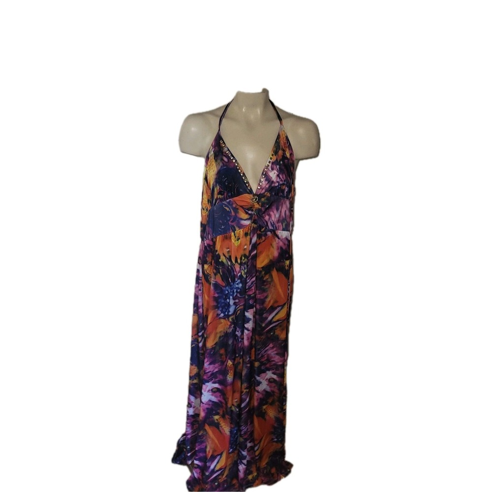 APPLE‎ BOTTOM Floral Halter Maxi Dress Embellished Open Back Colorful Party Y2K